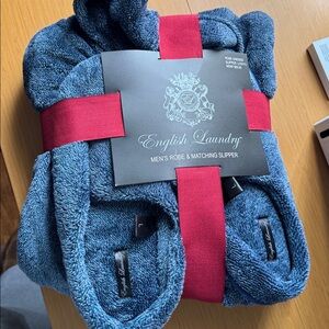 NWT English Laundry Men's Robe & Slippers Matching Set - Size L 10-11 Blue